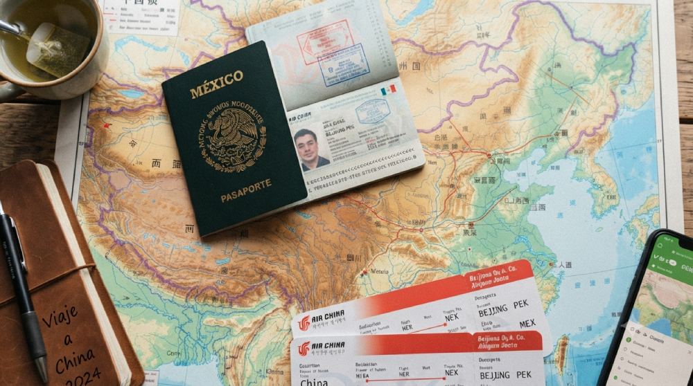 Pasaportes y boletos a china, junto al mapa de china, con las rutas turisticas
